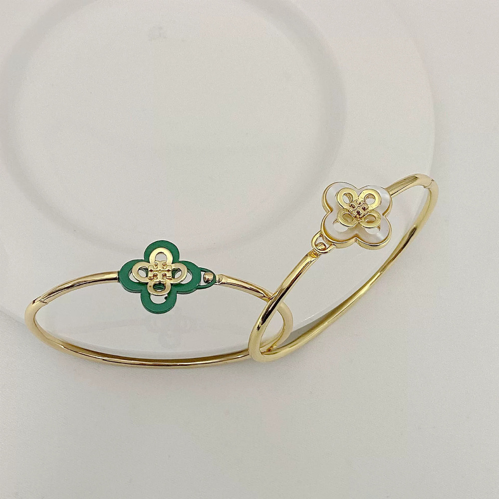 Tory Burch Gold Plated Copper 2 Layer Clover Bracelet Natural Shell Adjustable
